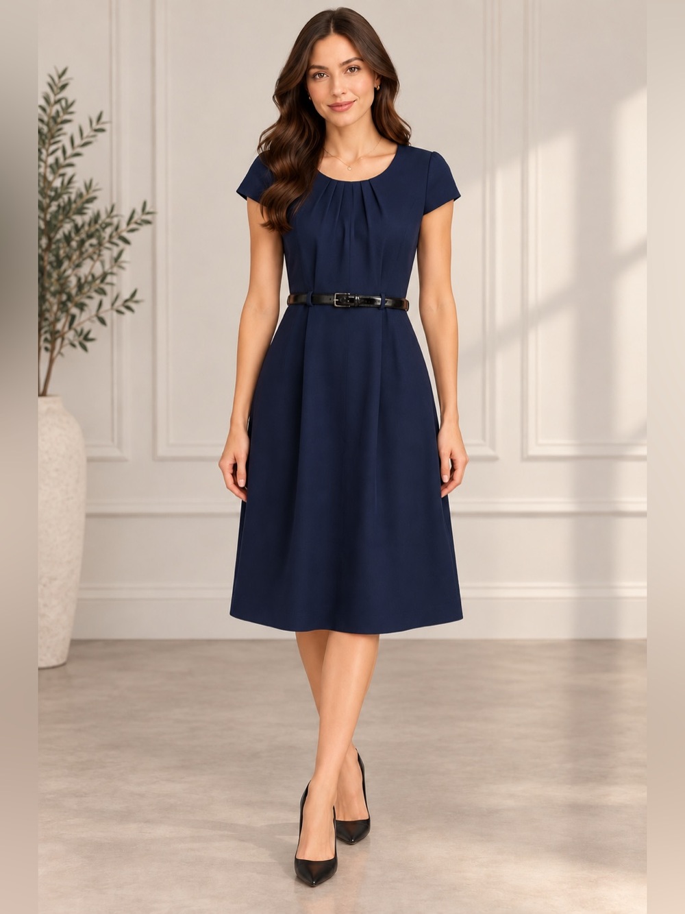 Olivia Matthews Navy Blue Belted A-Line Dress Size 6 NWT